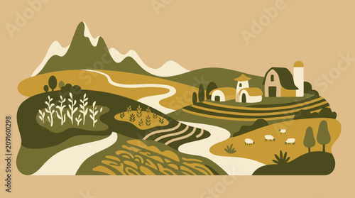 Rural farmland landscape with rolling hills and small village.
