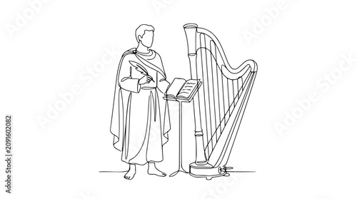 Bild auf Leinwand Ancient Bard Composing Music with Harp and Quill