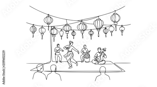 Принти на полотні Traditional Asian Performance: Dancers and Musicians Under Lanterns