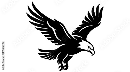 Fotografie Silhouette of an eagle in flight, wings spread, black and white graphic