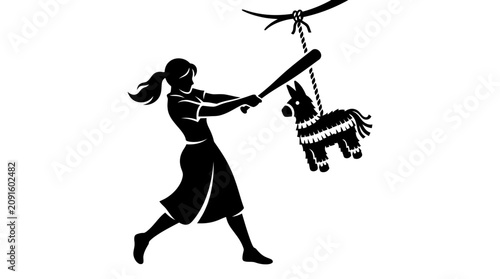 Foto Girl hitting pi?ata with baseball bat, celebration, party, fun, black and white