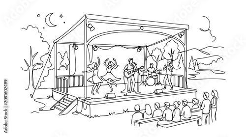 Obraz na płótnie Outdoor Stage Performance: Band, Dancers, Audience, Night Sky - Sketch Style
