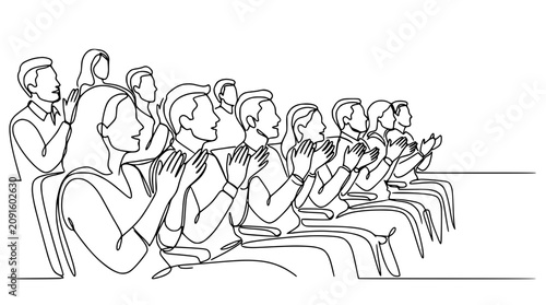 Audience clapping hands in appreciation, continuous line art drawing, business meeting or event