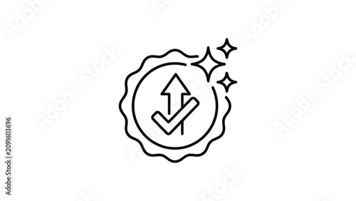 Minimalist outline icon of a quality stamp with an arrow and checkmark.