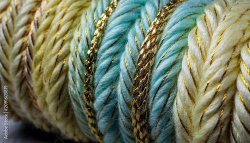 A close-up macro shot of a thick, braided yarn with a turquoise center and pale yellow ends, interwoven with shimmering gold metallic threads.