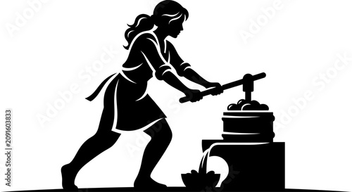 Foto Woman crushing grapes in barrel vintage style illustration for wine making