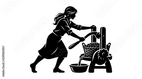 фотографія Woman operating fruit press machine, vintage style silhouette, juice extraction