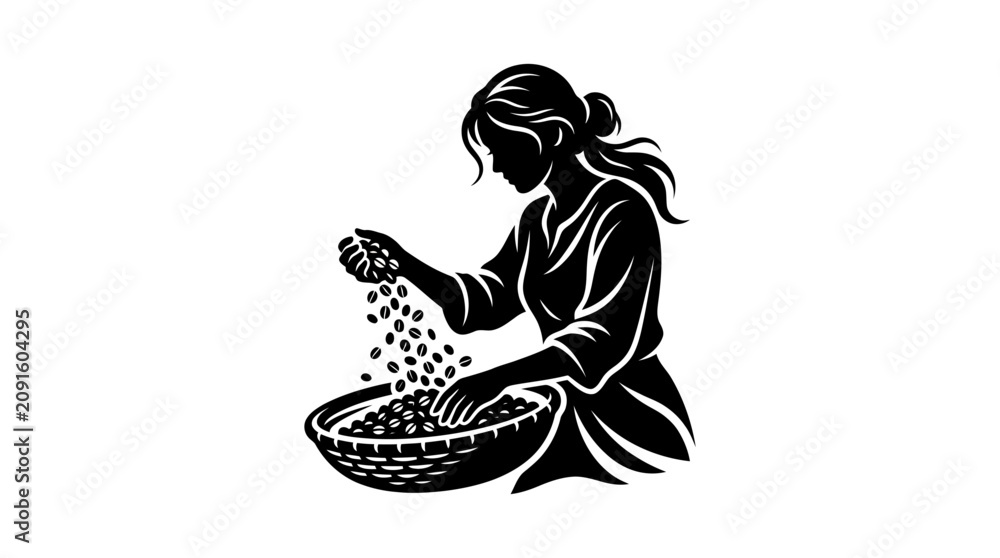 Obraz premium Woman Sifting Beans in Basket Silhouette - Agricultural Harvest Concept