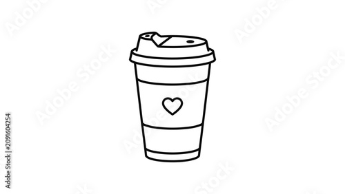 Simple line art drawing of a disposable coffee cup with a heart icon.