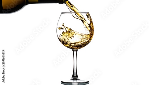 A wine glass filling with golden liquid, creating a splash against a bright white backdrop; bottle pouring