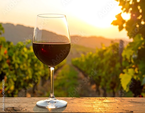 A wine glass filled with ruby liquid sits on a wooden surface, with a vineyard and sunset in the background