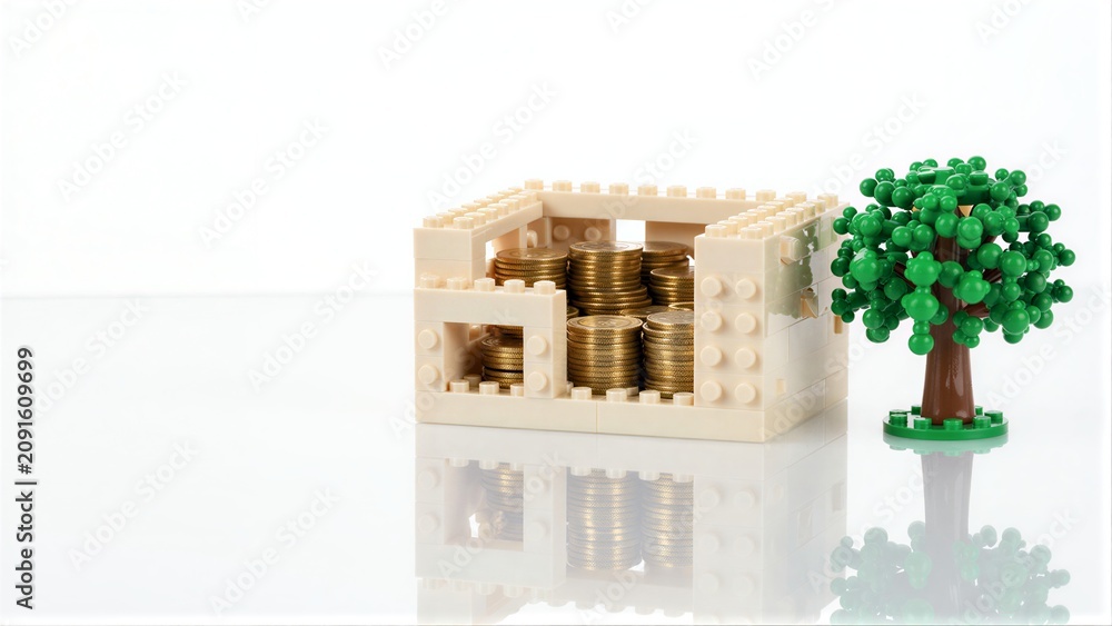 Fototapeta premium Lego house filled with gold coins, tree beside it on reflective surface.