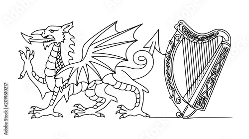 Welsh Dragon and Harp Line Art - Symbol of Wales and Celtic Music