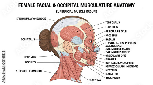 Schilderij op canvas Female Facial and Occipital Musculature Anatomy - Superficial Muscle Groups