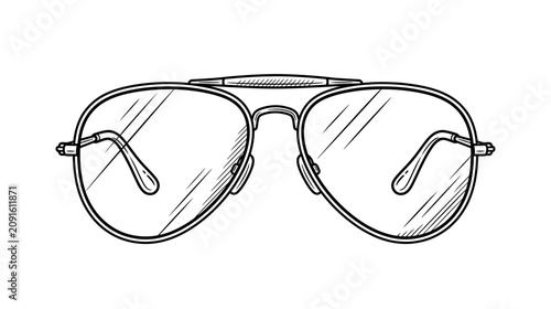 Hand-drawn sketch of aviator sunglasses with metal frame and reflective lenses