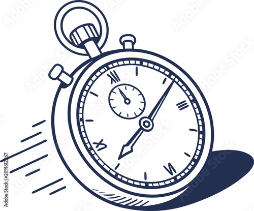 Hand drawn illustration of a fast moving stopwatch showing the concept of time and speed