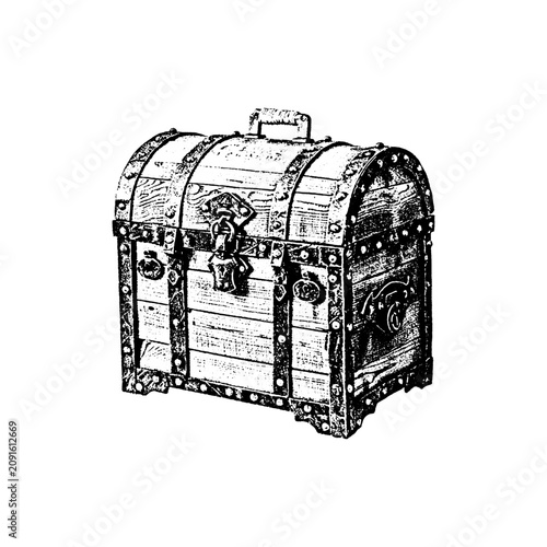 Old wooden treasure chest with metal straps and iron lock mechanism treasure ornament adventure heirloom container valuable illustration engraving monochrome security material heritage