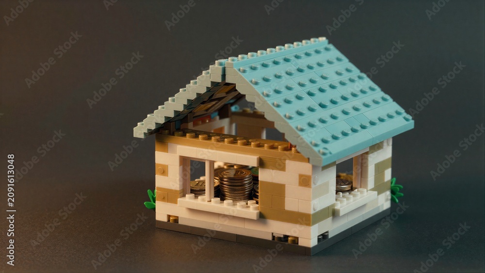 Fototapeta premium Lego house with coins inside, symbolizing savings or home ownership.