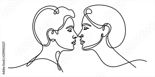 Foto Continuous one line drawing of a man and a woman face to face looking at each ot