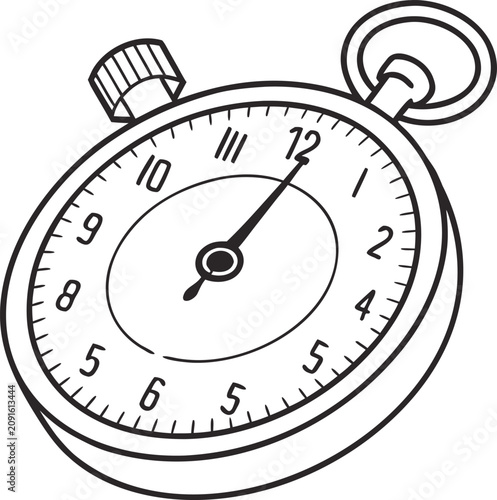Hand drawn black and white illustration of a simple mechanical stopwatch for measuring precise time