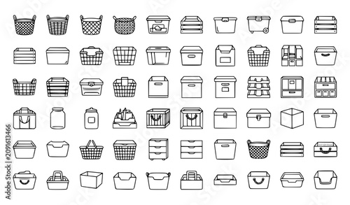 Storage Container Outline Icons Basket Bin and Crate Vector Collection