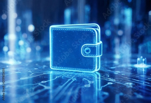 Glowing digital wallet icon on futuristic blue technology background representing cryptocurrency, secure online payments, fintech, digital banking, blockchain transactions, virtual finance, innovation