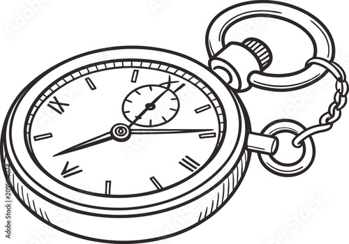 Detailed black and white vector illustration of a vintage pocket watch with a metal chain