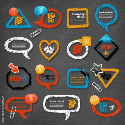 Hand drawn chalkboard speech bubbles, sale badges, and promotional stickers with typography.