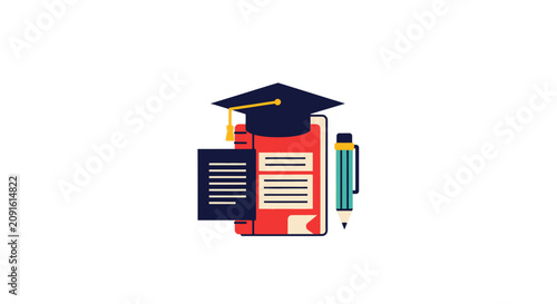 A flat vector illustration of a graduation cap resting on a red notebook
