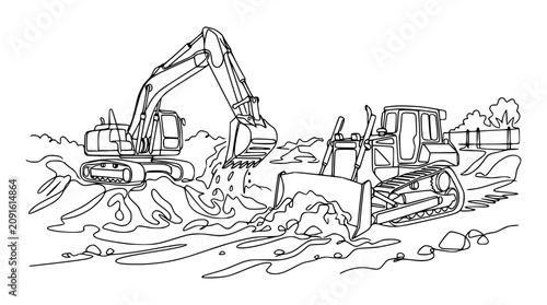 Construction Site with Excavator and Bulldozer Working, Line Art Drawing