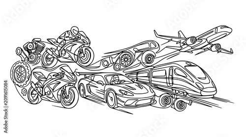 Fotografía Diverse Transportation Collection: Motorcycles, Sports Car, Train, Airplane in D