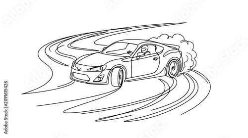 Sports car drifting with smoke and tire marks on a winding road, line art style
