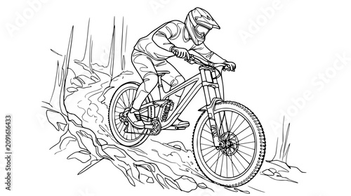 Cuadro en lienzo Mountain biker descending rocky trail, line art illustration, extreme sport, dow