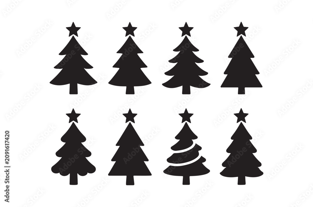 Obraz premium Christmas tree silhouettes with stars black on white background