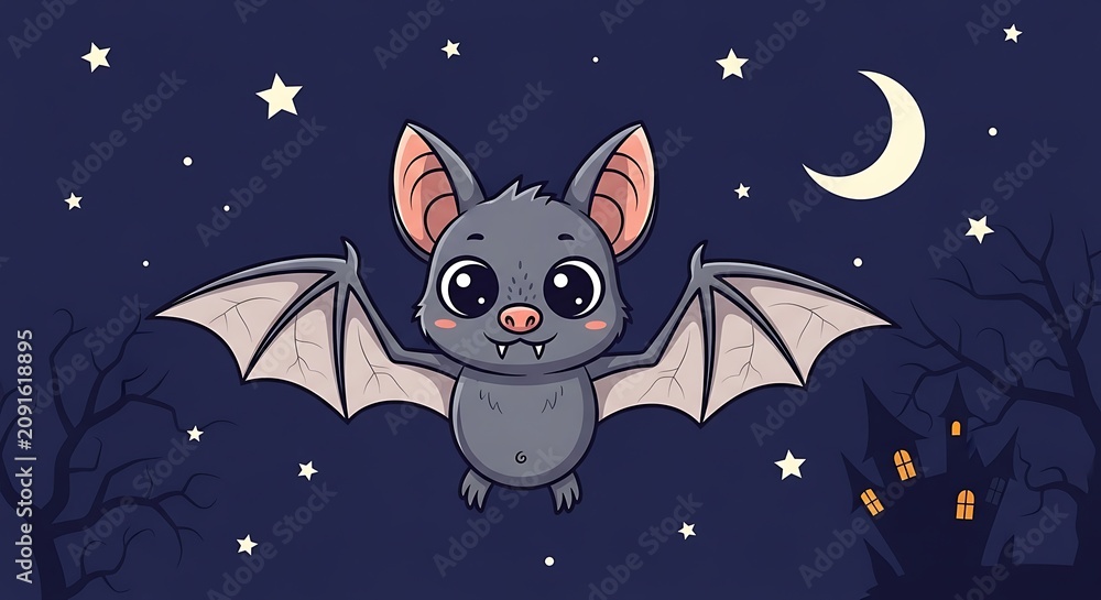 Fototapeta premium Cute Cartoon Bat Flying Night Sky Moonlit