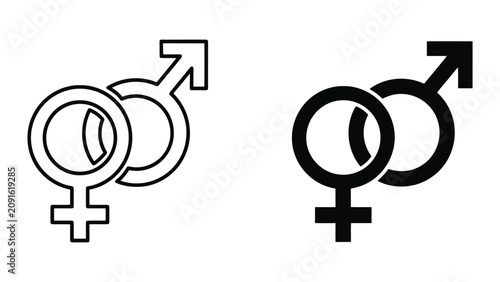 Male and Female Gender Symbols Set Featuring Outline and Solid Black Vector Icon Illustrations