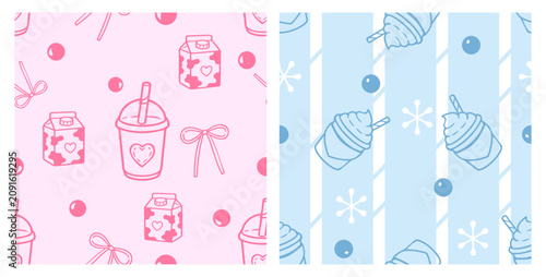 Cute seamless pattern collection featuring milk cartons, bubble tea, bows, berries, and soft serve ice cream in hand drawn flat vector style for fabric, wrapping paper, nursery decor, and textile.