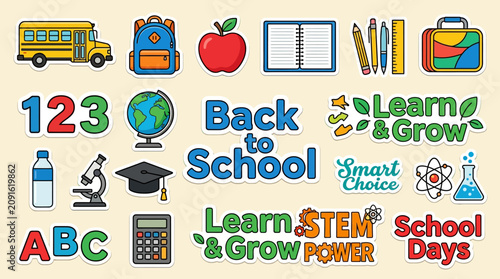 Canvastavla Comprehensive collection of back to school stickers and educational icons featuring a yellow bus, backpack, apple, and various classroom supplies on a pale background for student projects