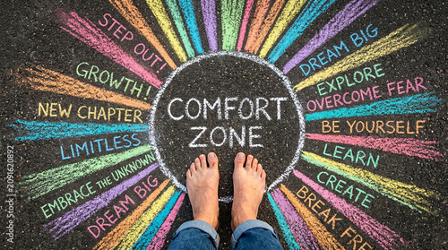 Comfort zone concept. Feet standing inside comfort zone circle with a lot opportunity on the outside area.