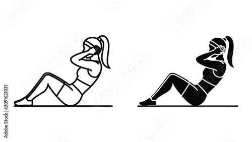 Foto Woman Performing Sit Ups Exercise Icon Set in Minimalist Line Art and Solid Styl