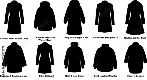 Photos Set of ten isolated black vector women winter coat silhouettes featuring wool, h