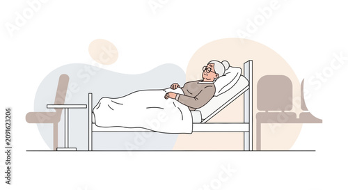 Elderly woman resting in hospital bed, medical care, recovery, comfort
