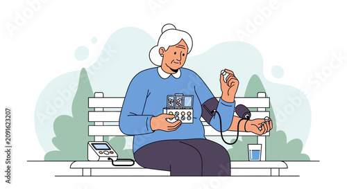 Elderly Woman Checks Blood Pressure Outdoors