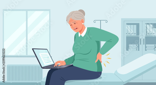 Elderly Woman Suffering Back Pain While Using Laptop in Medical Setting