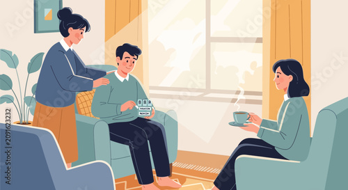 Family comforting upset man indoors, gentle support, cozy living room scene