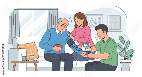 Family checks senior man's blood pressure at home for health care