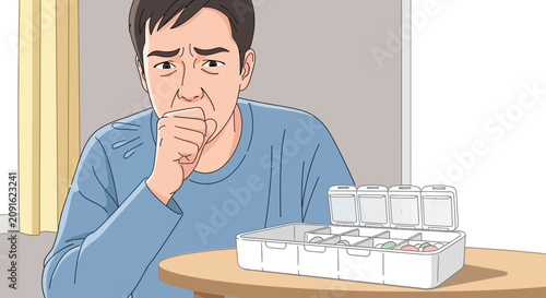 Man coughing with medicine organizer, suffering from illness