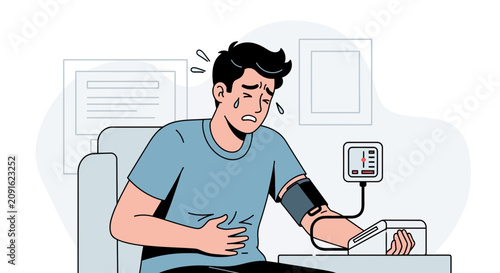 Man checking blood pressure, feeling unwell, stressed, sick, health problem, medical check