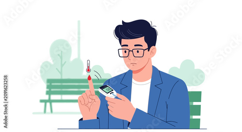 Man checking blood sugar with glucose meter, diabetes health concept