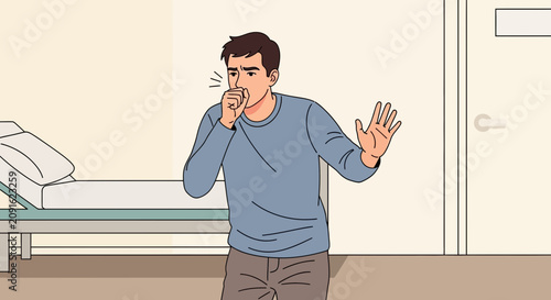 Man coughing in hospital room, feeling sick, isolated